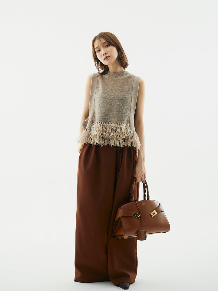 【Allure】[SET]フェザーヤーンニットベスト+ラップデザインタックワイドパンツ(2set)