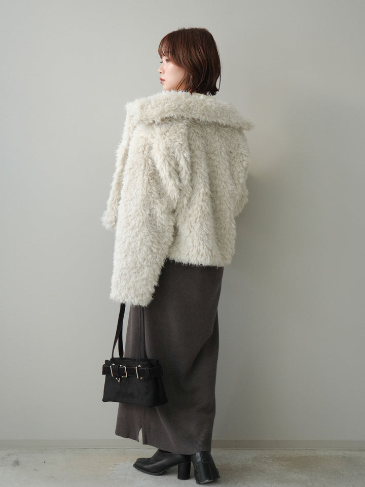 [SET]配色ポロニットワンピース+フェイクファー襟付きショートブルゾン(2set)