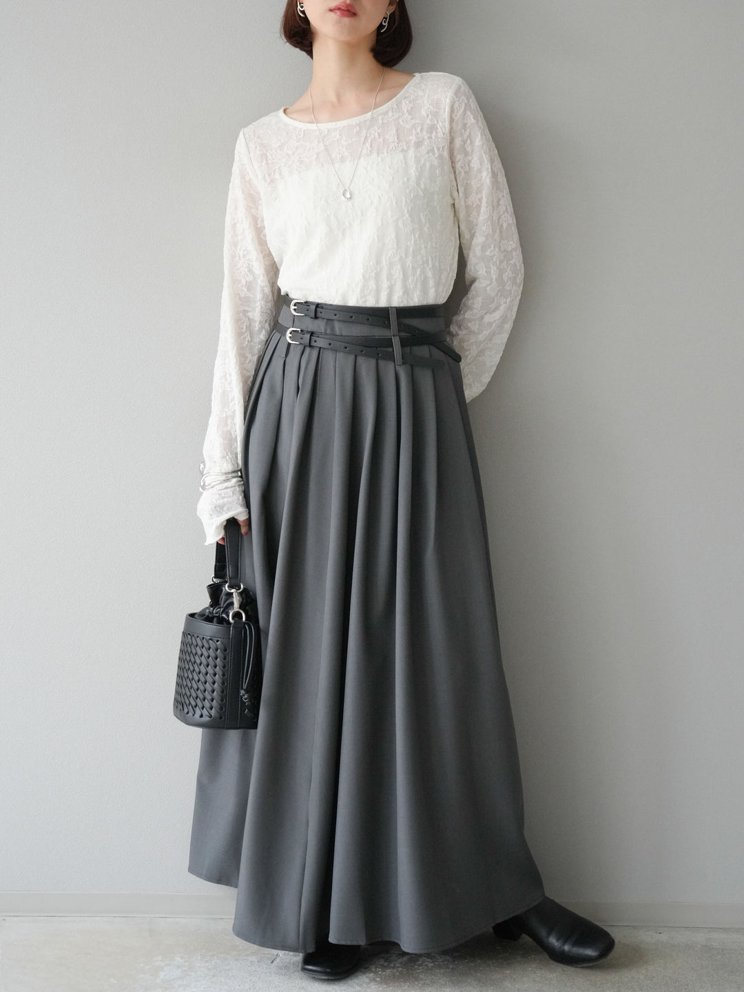 [SET]シアージャガードトップス+エステルプリーツスリットスカート(2set)