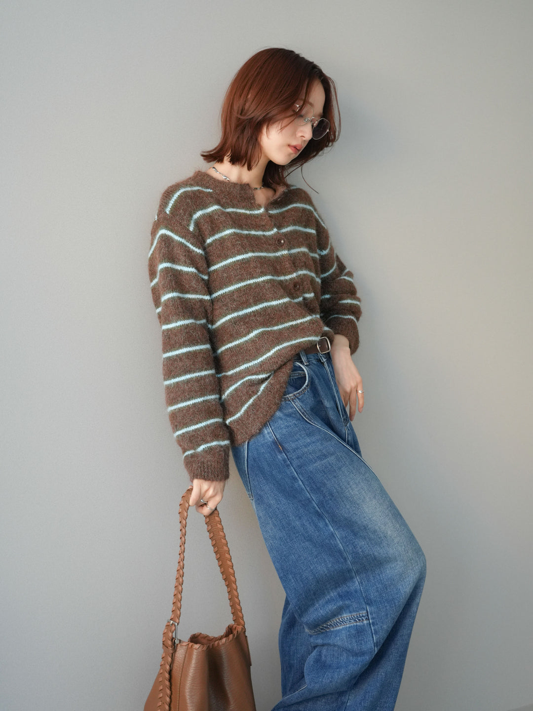 [予約]ボーダーシャギーニットカーディガン/brown