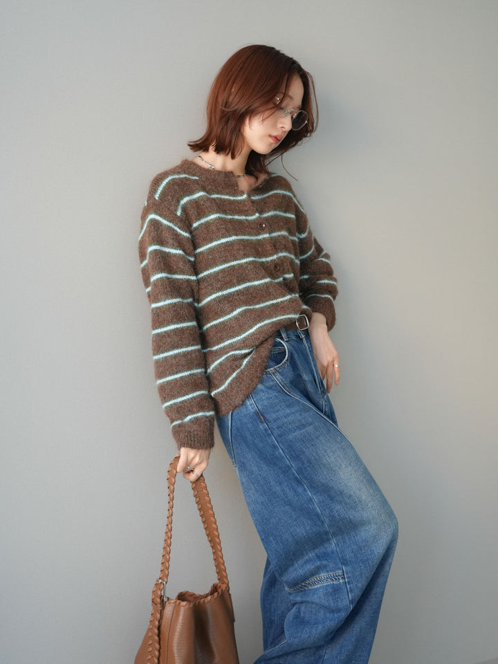 [予約]ボーダーシャギーニットカーディガン/brown