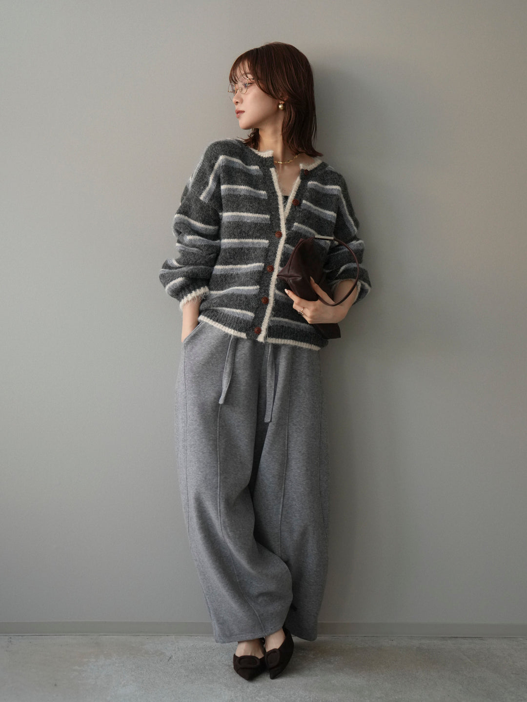 [SET]ウールタッチ配色ボーダーニットカーディガン+ウエストベルトカーブラインスエットパンツ(2set)