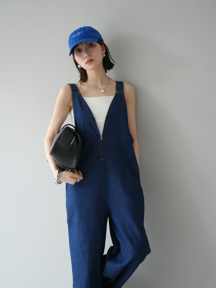 [予約]フロントZIP Vネックデニムサロペット/インディゴ