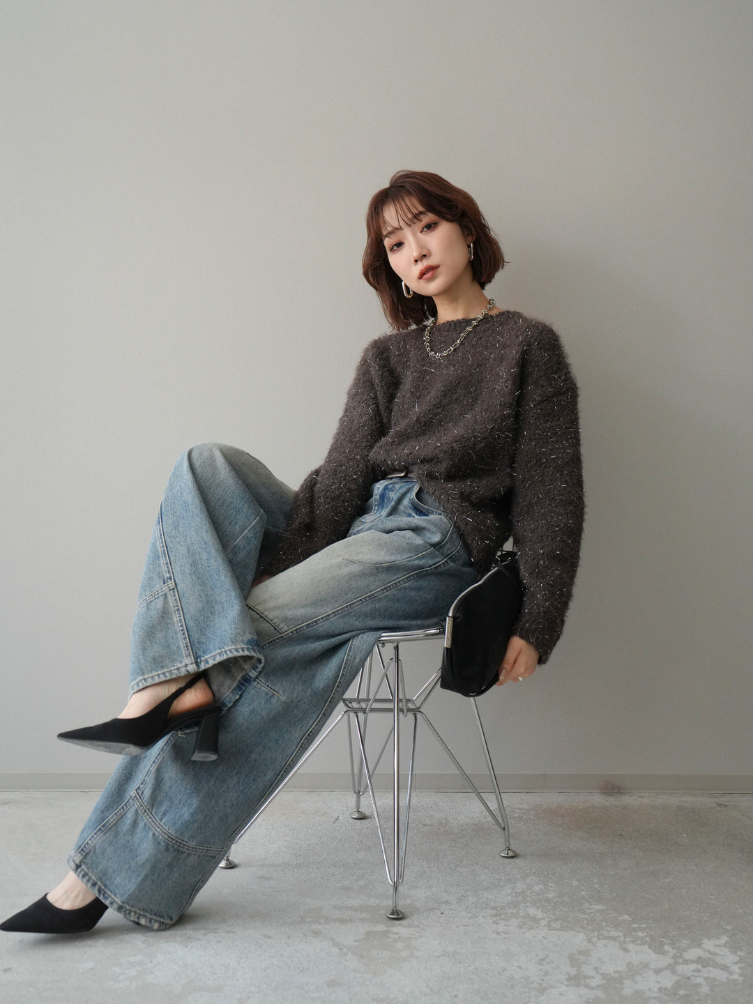 [SET]モールラメミックスヤーンニットプルオーバー+ベルト付カーブデニムパンツ(2set)