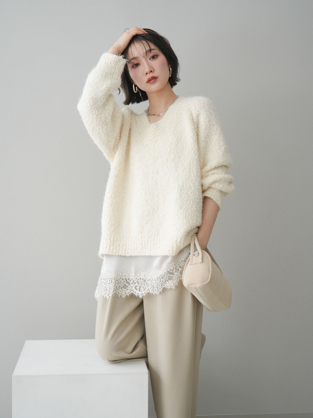 [SET]Vネックスラブニットプルオーバー+選べるアクセセット(2set)