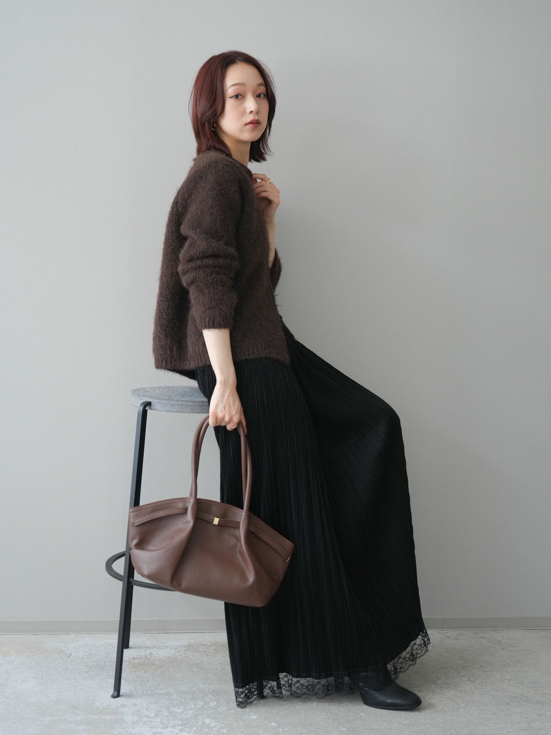 [予約]キーネックシャギーニットカーディガン/brown