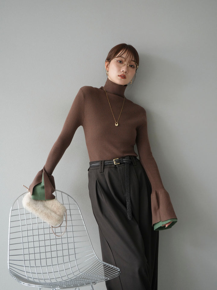 [SET] 疊層喇叭袖高領針織上衣 + 雙褶寬褲 (2 套)
