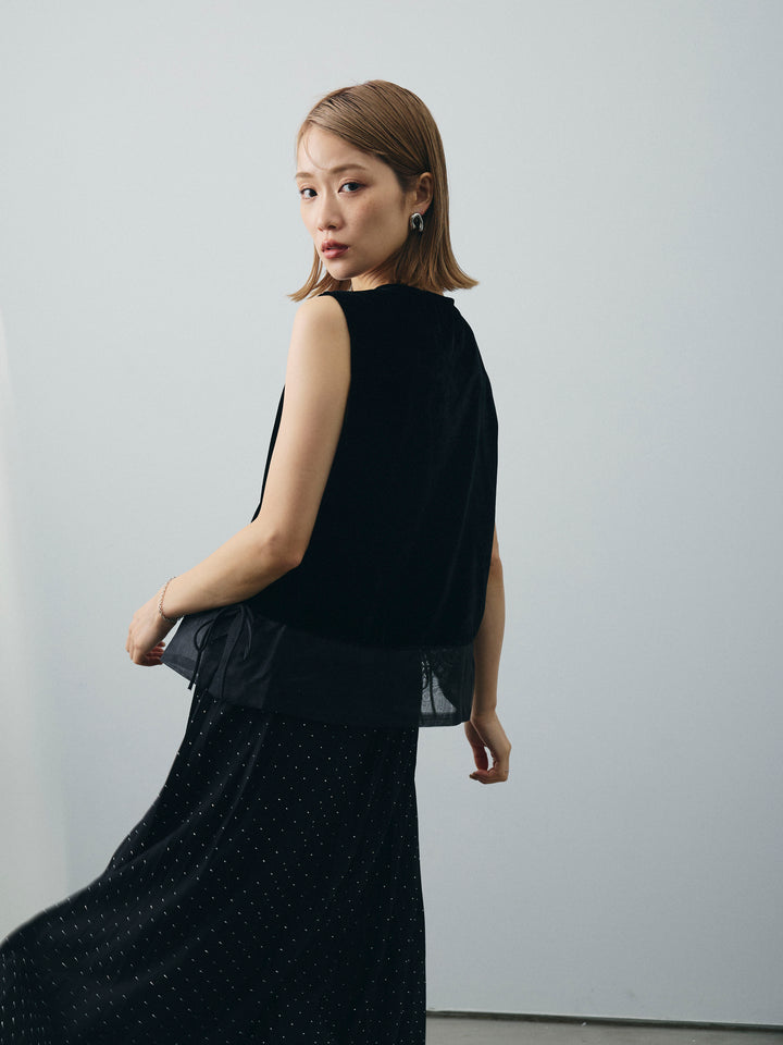 [SET]裾チュールベロアノースリーブプルオーバー+ラインストーンプリーツスカート(2set)