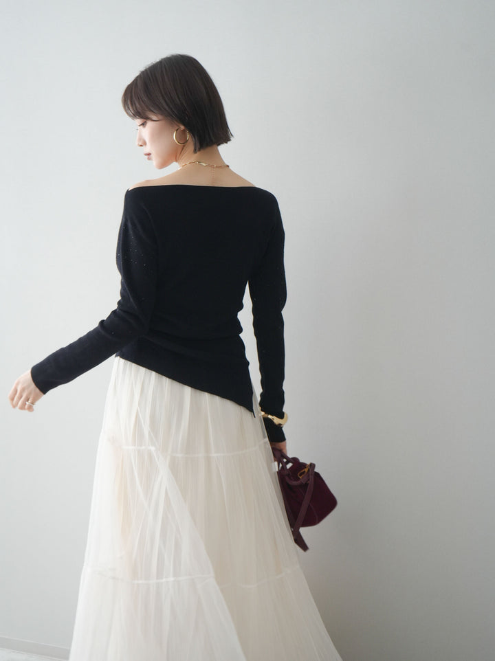 [予約]ラインストーンアシンメトリーニットトップス/black