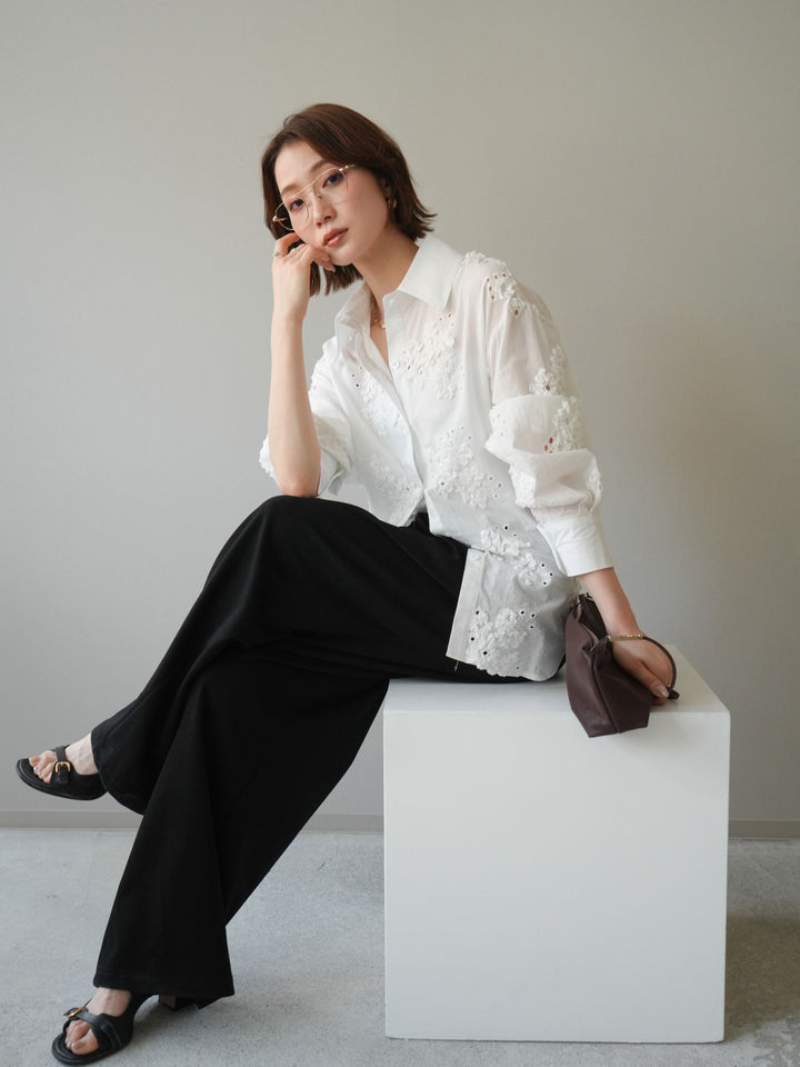 [SET]バックリボンフラワーエンブロイダリーシャツ+選べるアクセセット(2set)