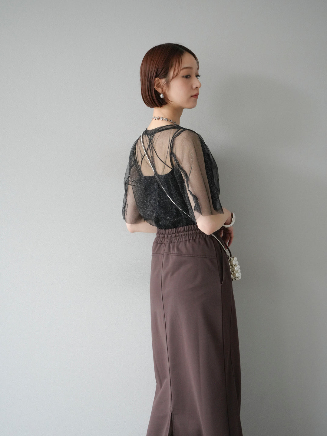 [SET]ラメチュールシャーリングプルオーバー+ダブルストラップカットリブブラキャミソール(2set)