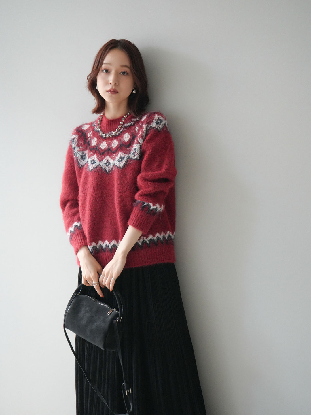 [SET]ソフトタッチ求心柄ニットプルオーバー+裾レーススウェードプリーツマキシスカート(2set)