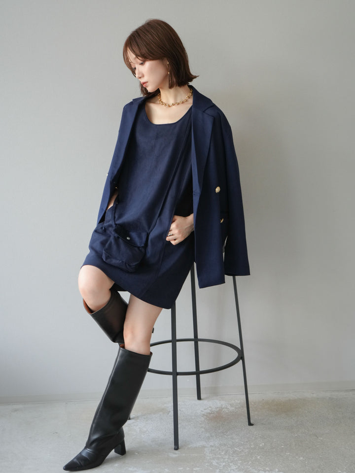 【預購】金色羈扣斜紋雙排扣西裝外套/藏青色