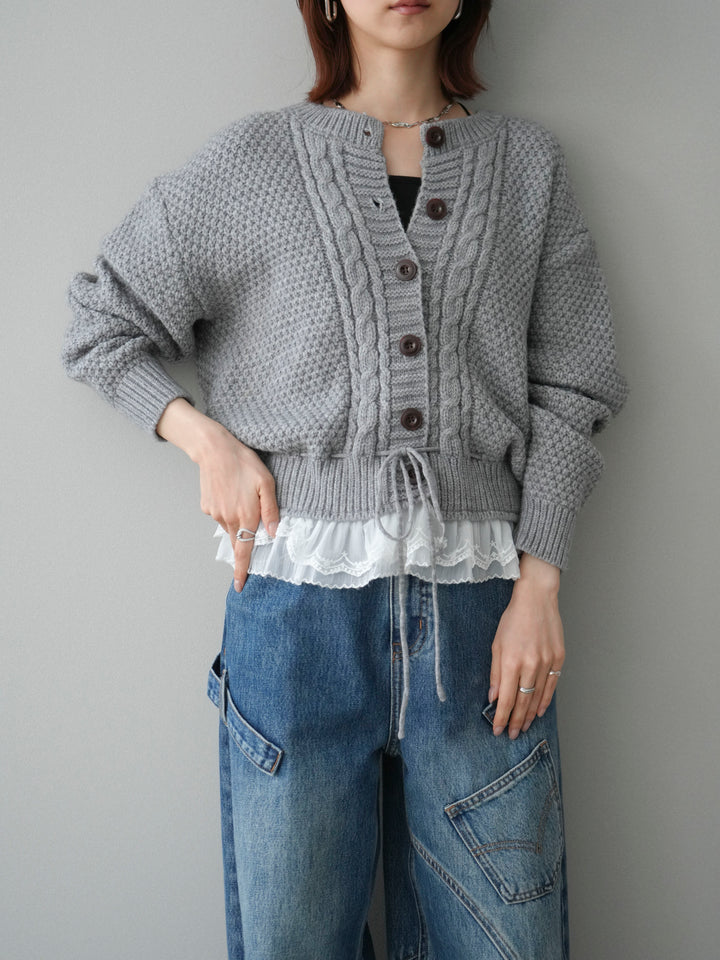 [SET]裾レースケーブルニットカーディガン+ペインターカーブデニムパンツ(2set)