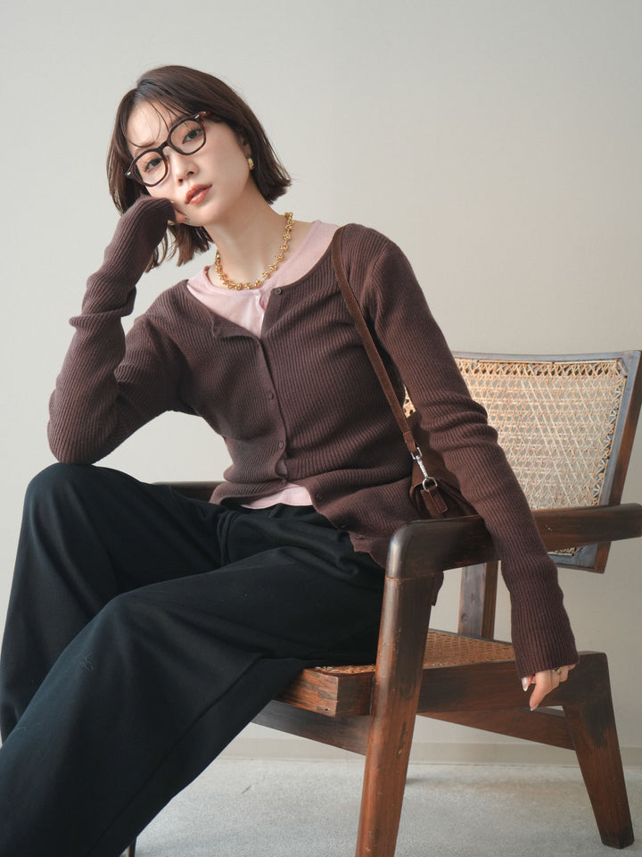 [予約]前後2WAYリブ編みクルーネックカーディガン/darkbrown