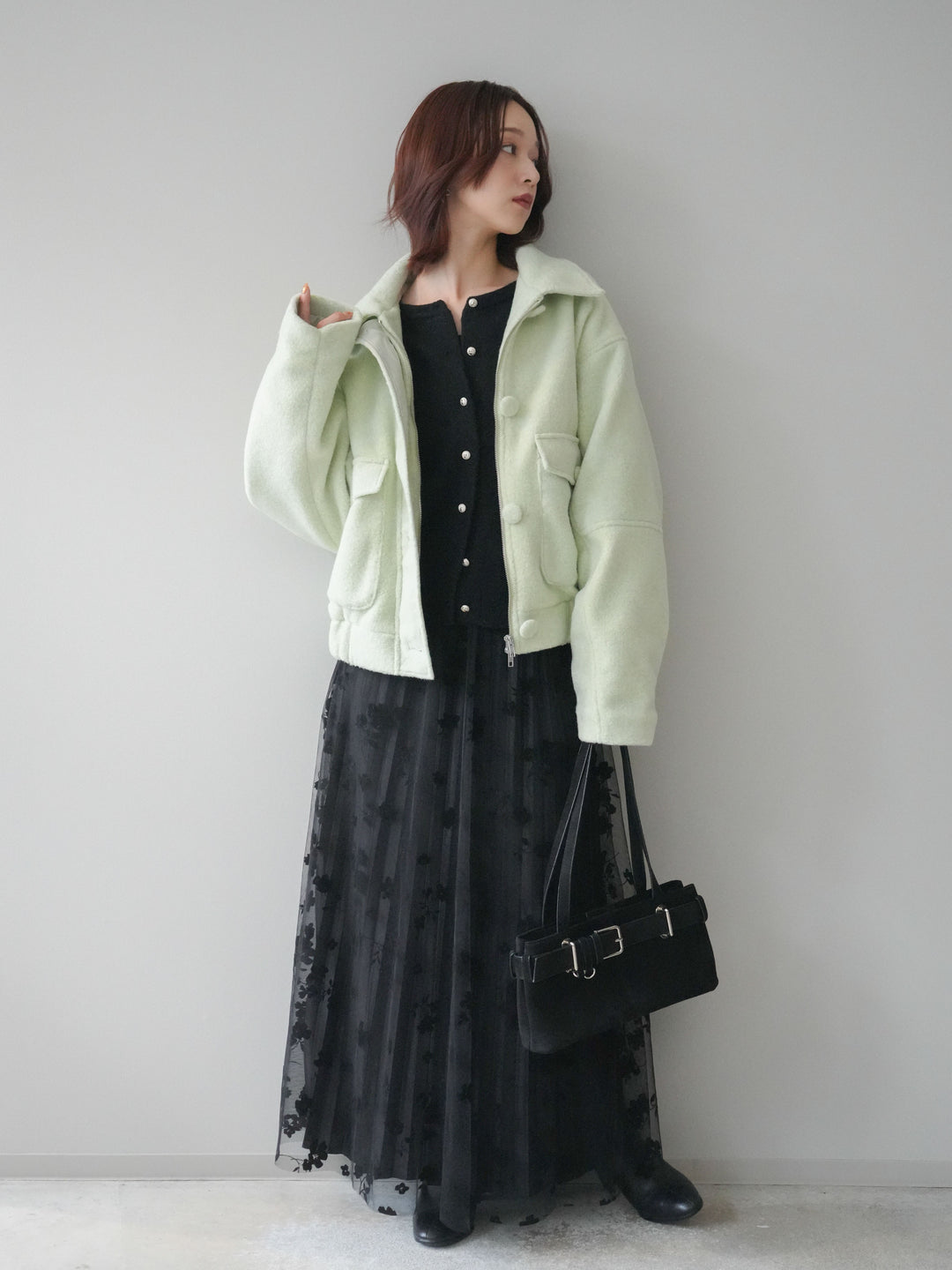 [SET]ウールライクフライトジャケット+アンティークボタンニットカーディガン+フラワーフロッキーチュールプリーツスカート(3set)