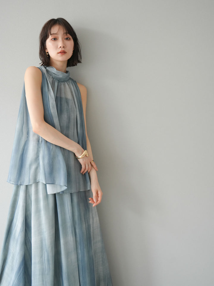 [SET]ニュアンスシアーホルターネックブラウス+ニュアンスシアーフレアスカート(2set)