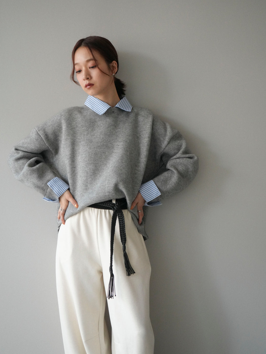 [予約]2WAYストライプ襟ニットプルオーバー/gray