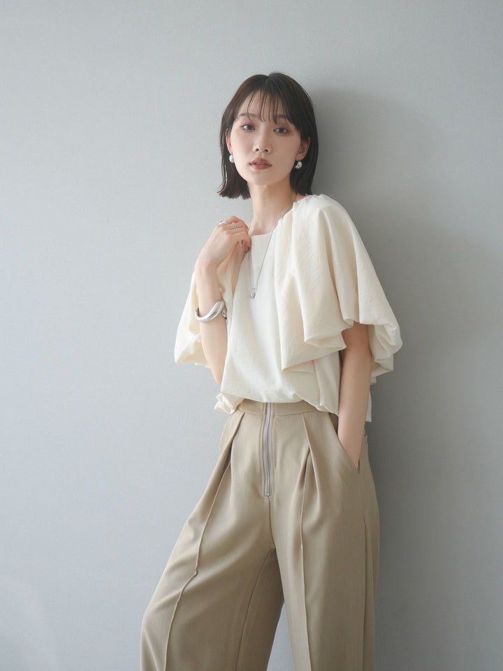 [SET] 燈籠袖褶襉設計上衣 + 拉鍊褶襉寬褲 (2 套)