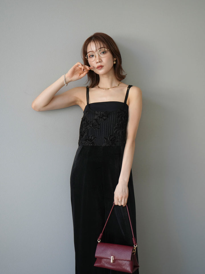 [予約]ジャガード切替ベロアサロペット/ブラック