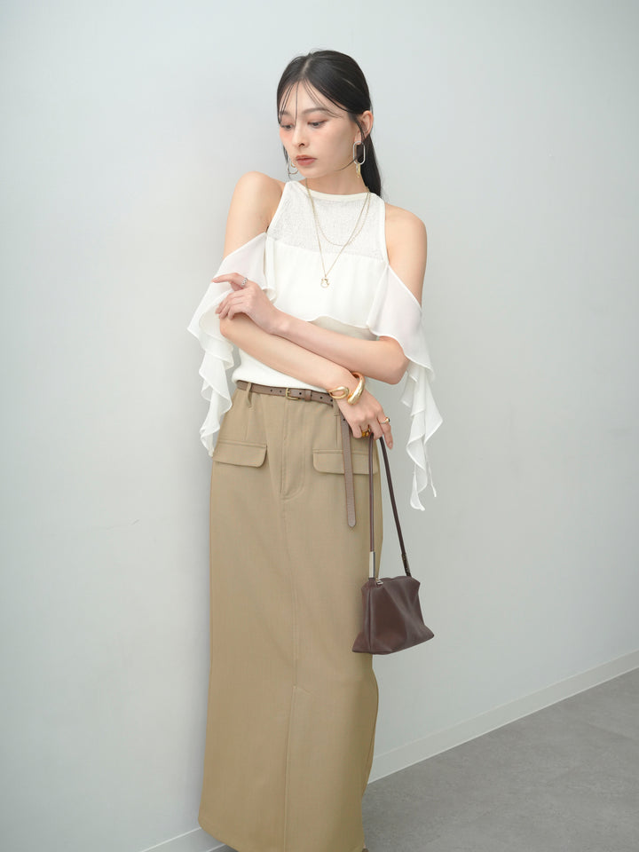 [SET]シフォンフリルドッキングノースリニットトップス+クレープデシンフラップ付きストレートスカート(2set)