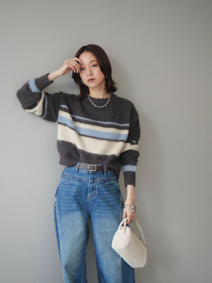 [SET]ソフトタッチボーダークロップドニットプルオーバー+サイドフリンジワイドデニムパンツ(2set)