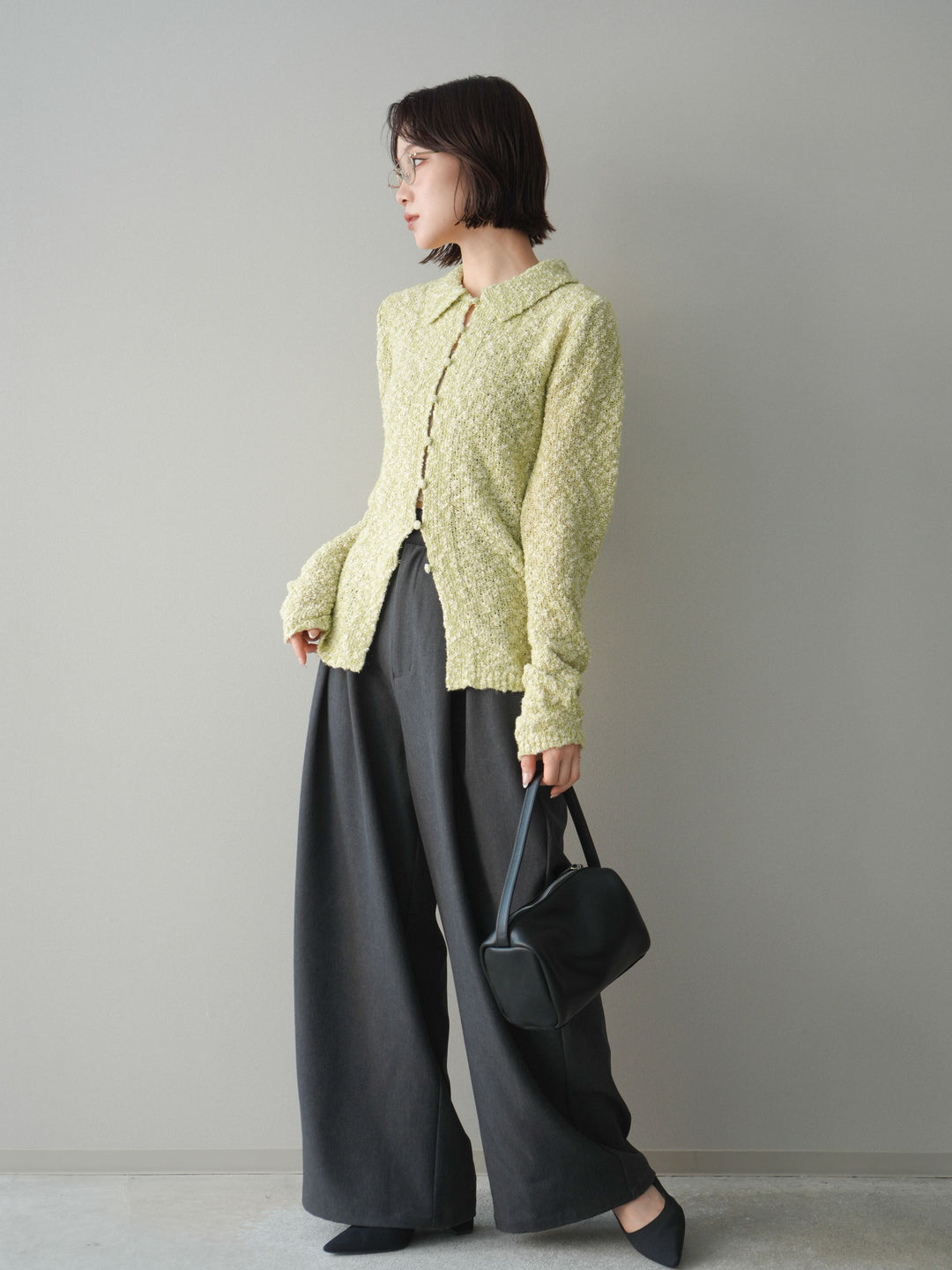 [SET]透かし編みブークレポロニットトップス+サテンベルトタックワイドパンツ(2set)