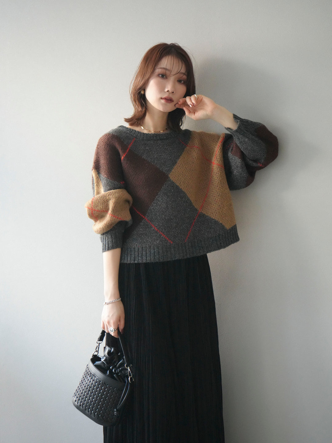 [SET]配色ステッチアーガイル柄ニットプルオーバー+配色ステッチアーガイル柄ニットプルオーバー(2set)