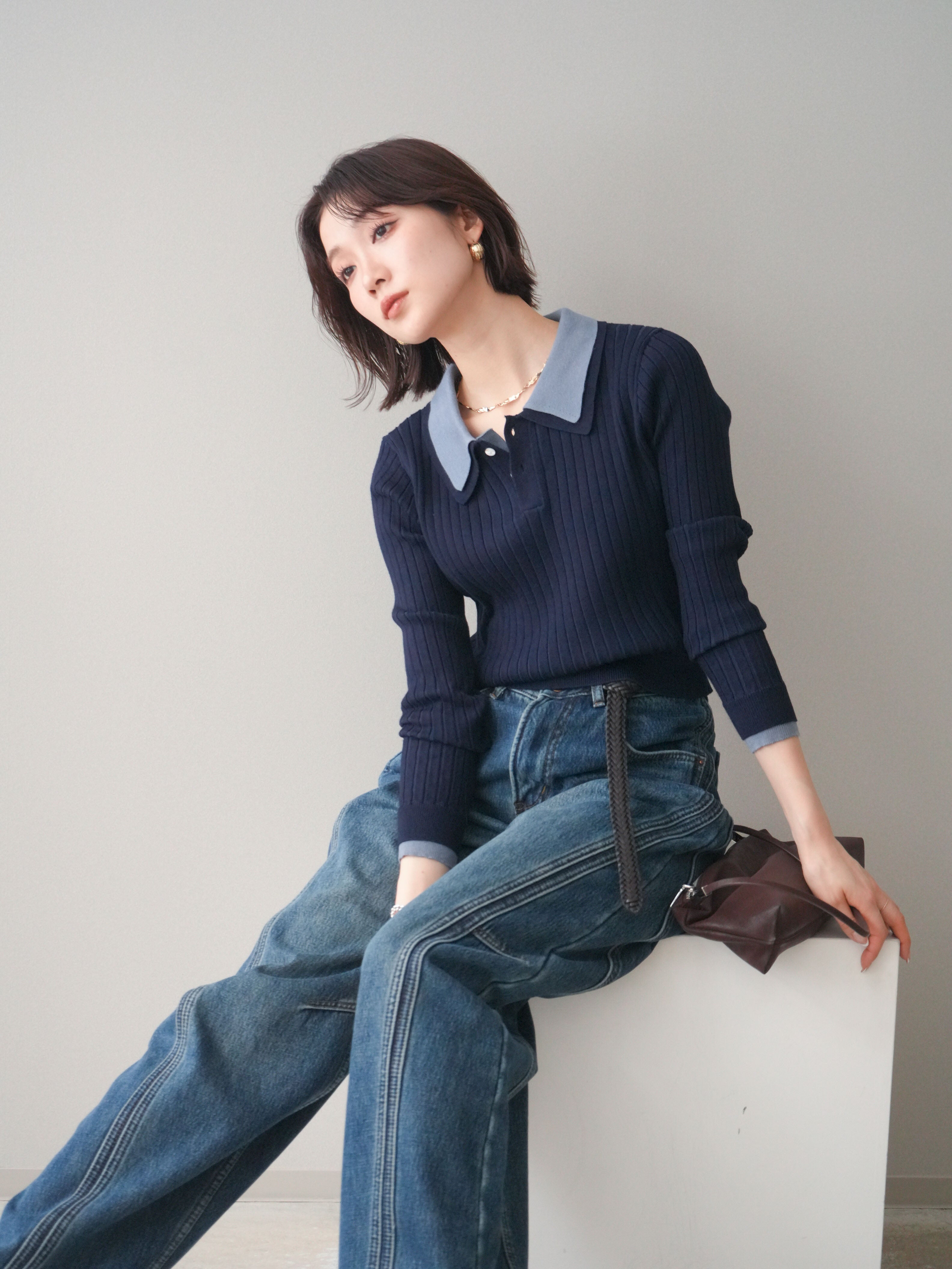 予約]ダブル襟ポロリブニットトップス/navy – Lumier