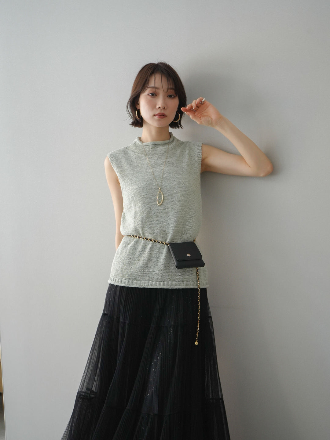 [予約]ノースリーブリネンタッチシアーニットプルオーバー/green