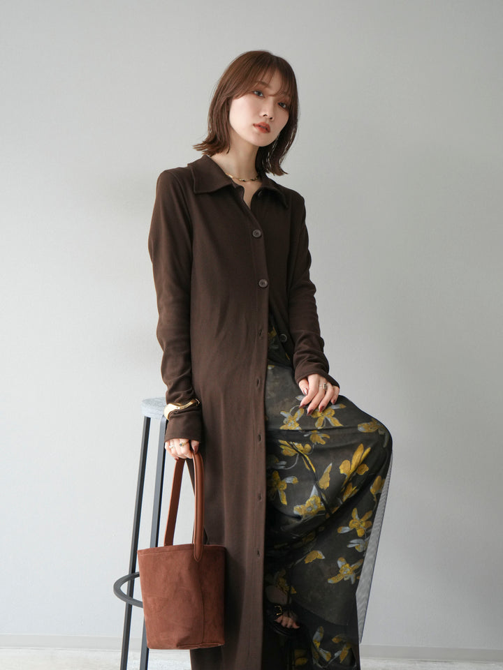 [SET]襟付きカットリブボタンワンピース+フラワープリントチュールレイヤードパンツ(2set)