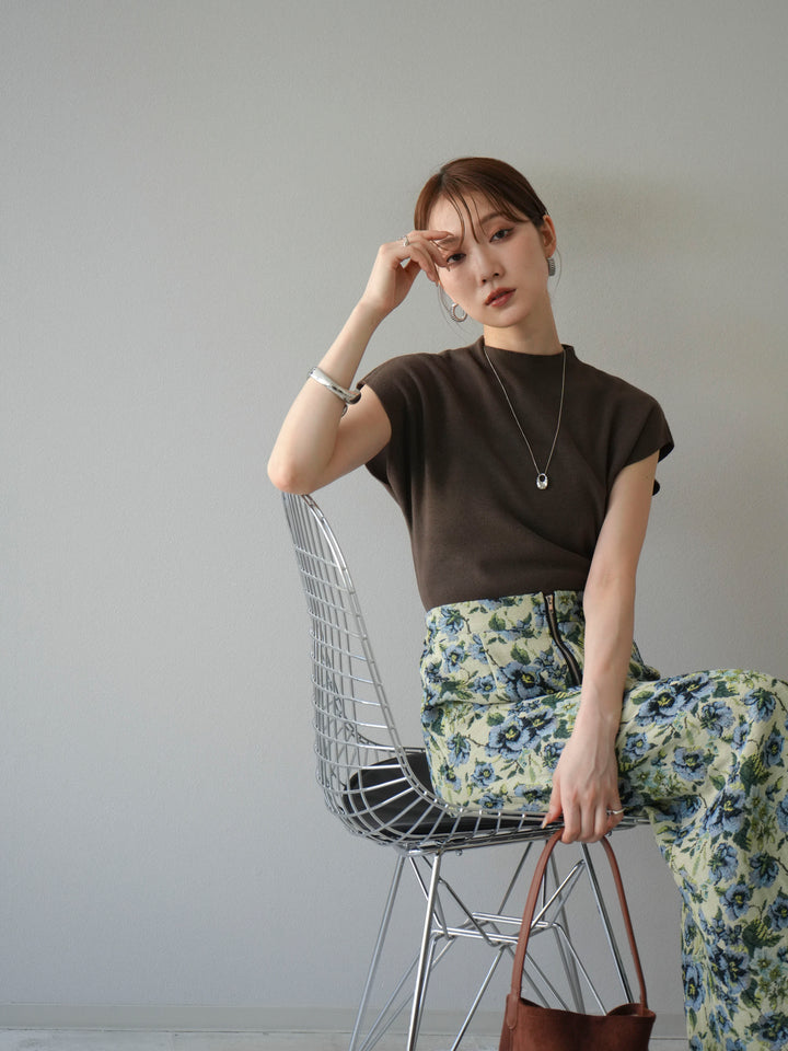 [SET]プチネックフレンチニットトップス+ゴブランフロントジップタイトスカート(2set)