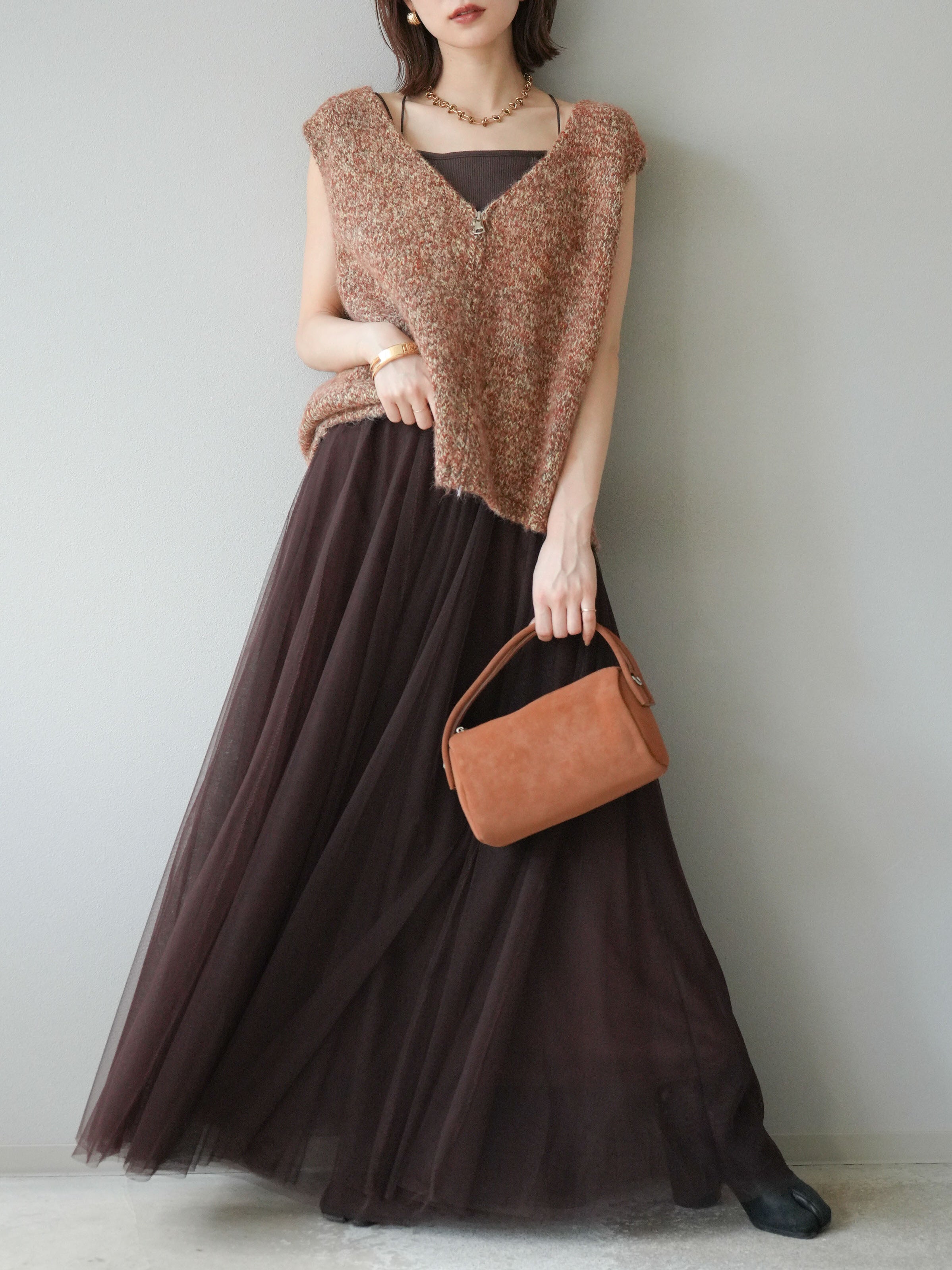 予約]フロントZIPミックスニットベスト/キャメル – Lumier