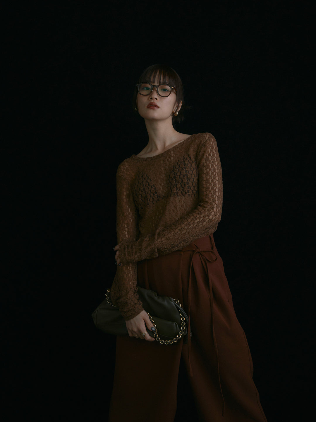 【Allure】[SET]バックラウンドレーストップス+ラップデザインタックワイドパンツ(2set)