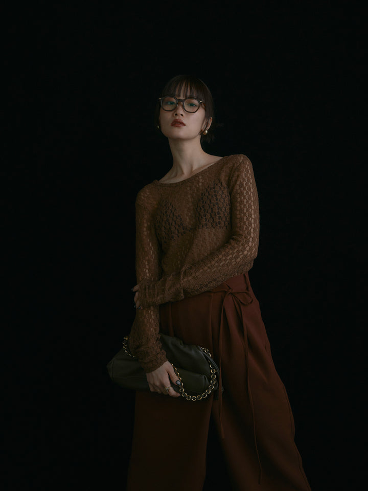 【Allure】[SET]バックラウンドレーストップス+ラップデザインタックワイドパンツ(2set)