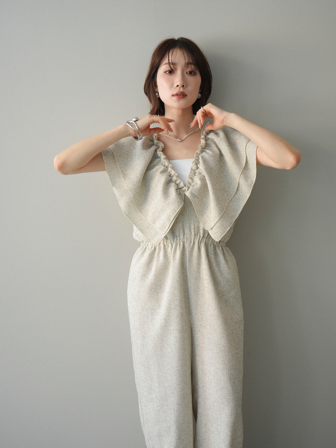 [SET]3WAYミックスツイードギャザーオールインワン+選べるアクセセット(2set)