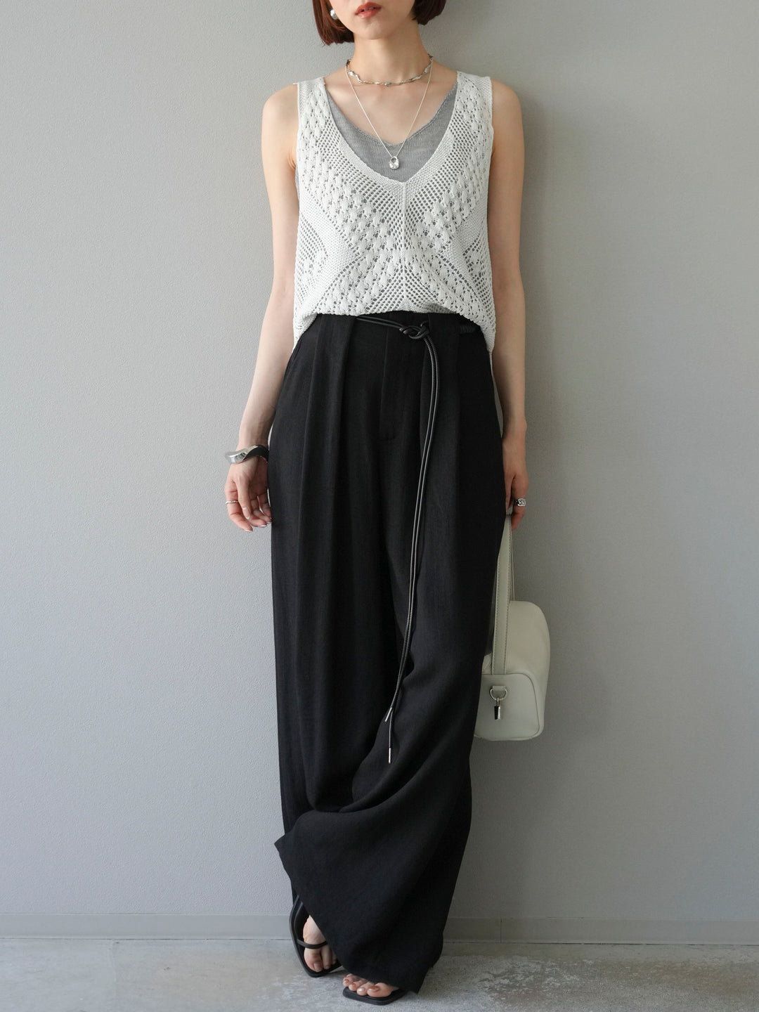 [予約]ロープデザインベルトリネンタッチワイドパンツ/ブラック