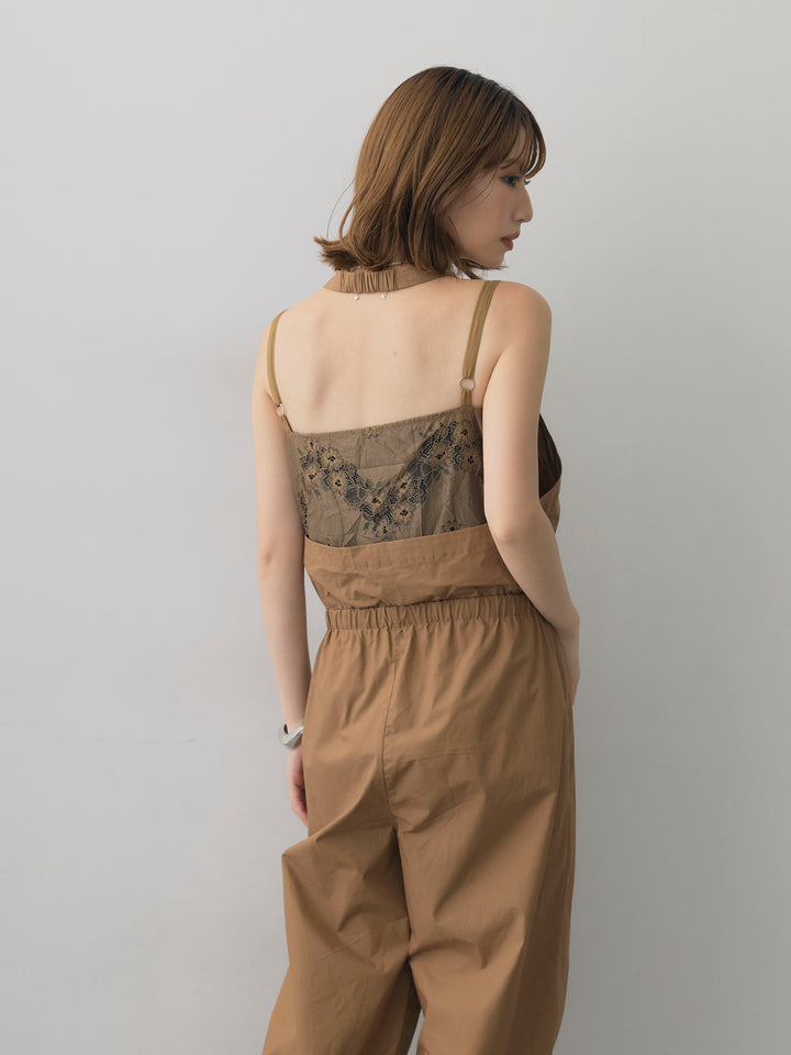 [予約]レースレイヤードホルターオールインワン/brown