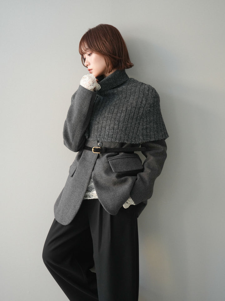 [20%オフ]ケープ付ノーカラージャケット/charcoal