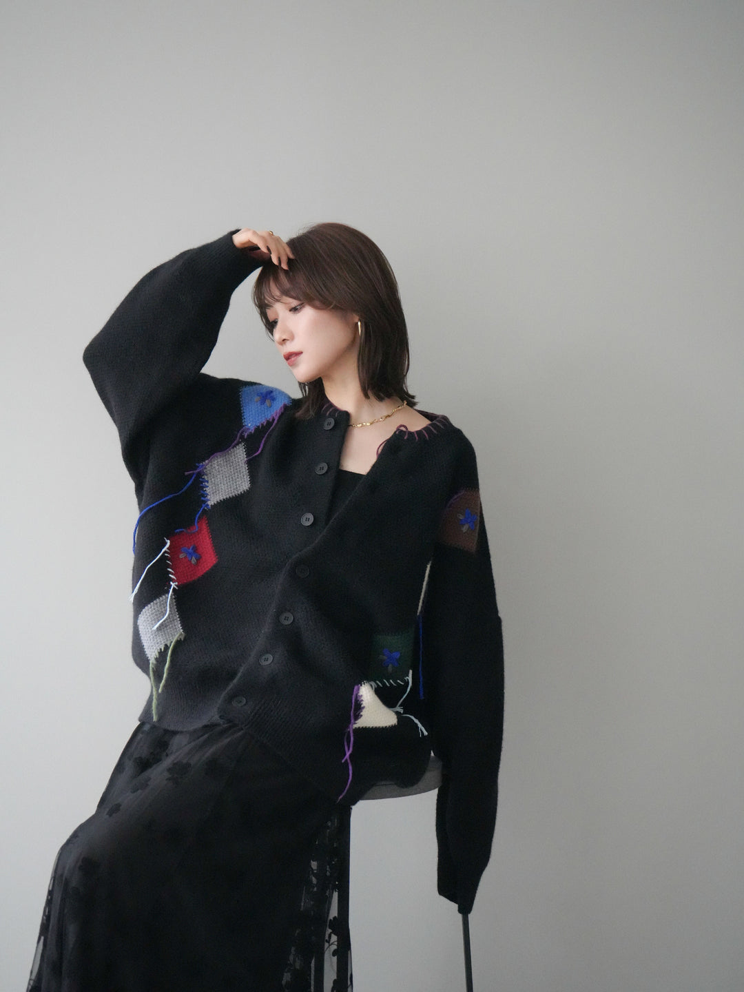 [SET]ハンドステッチアーガイルデザインニットカーディガン+フラワーフロッキーチュールプリーツスカート(2set)