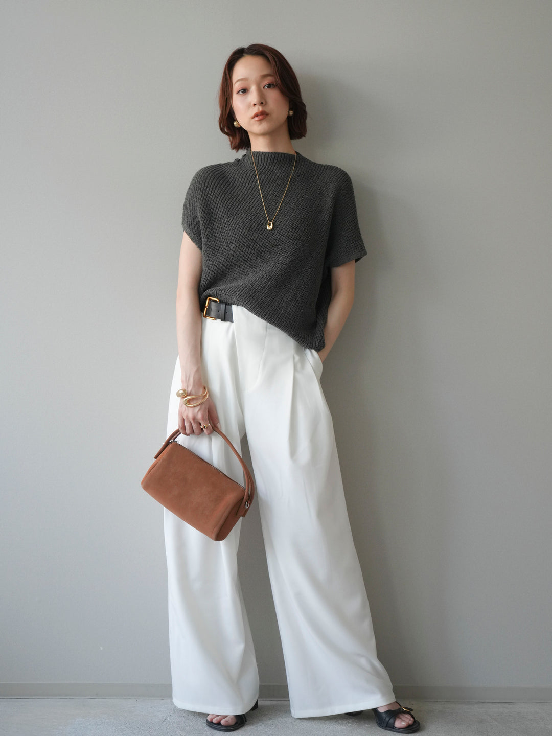 [SET]アシンメトリーローゲージニットトップス+アシンメトリーベルトタックワイドパンツ(2set)