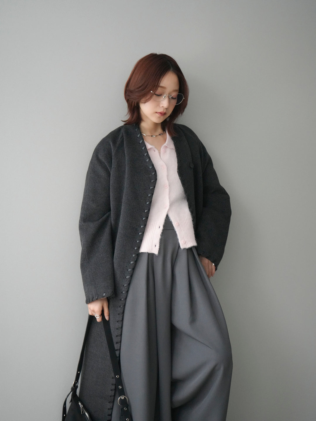 [SET]ハンドステッチ裏中綿ロングコート+テープベルトタックバギーパンツ(2set)