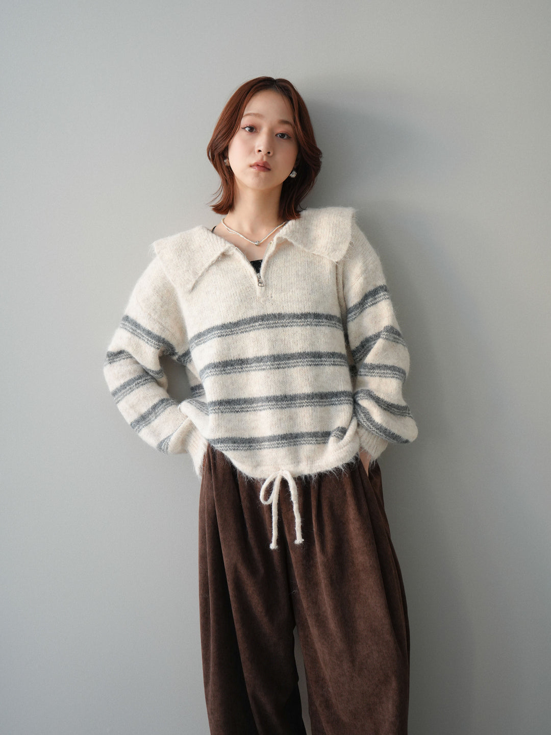 [SET]ハーフジップボーダーニットプルオーバー+コーデュロイサイドタックコクーンパンツ(2set)