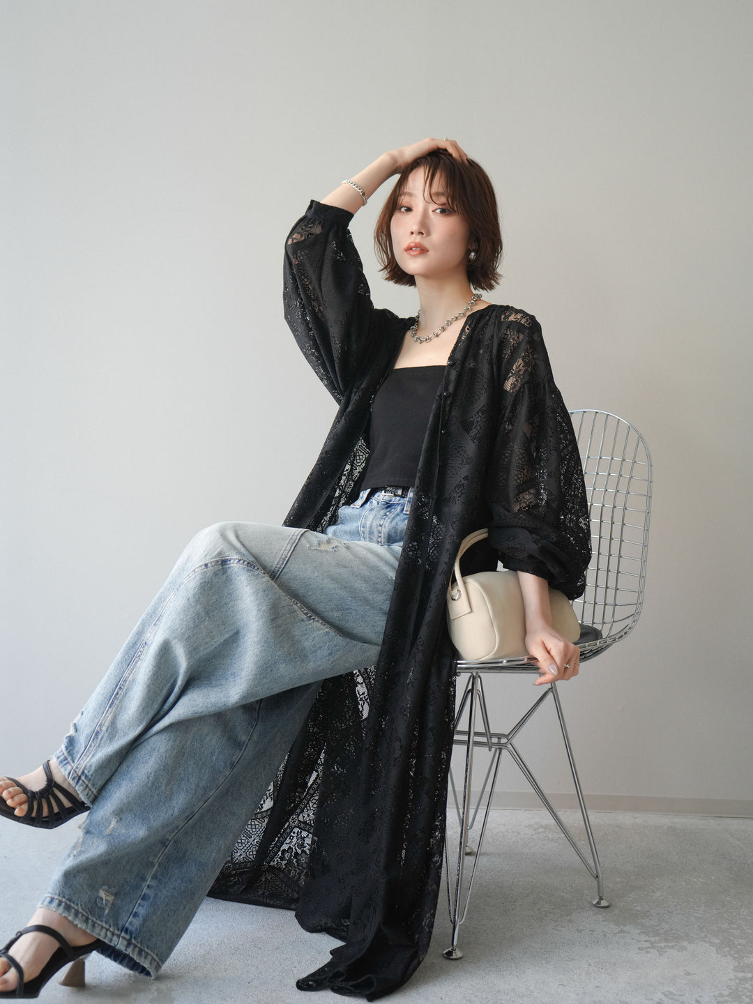 【預購】薄紗蕾絲長裙 / 黑色