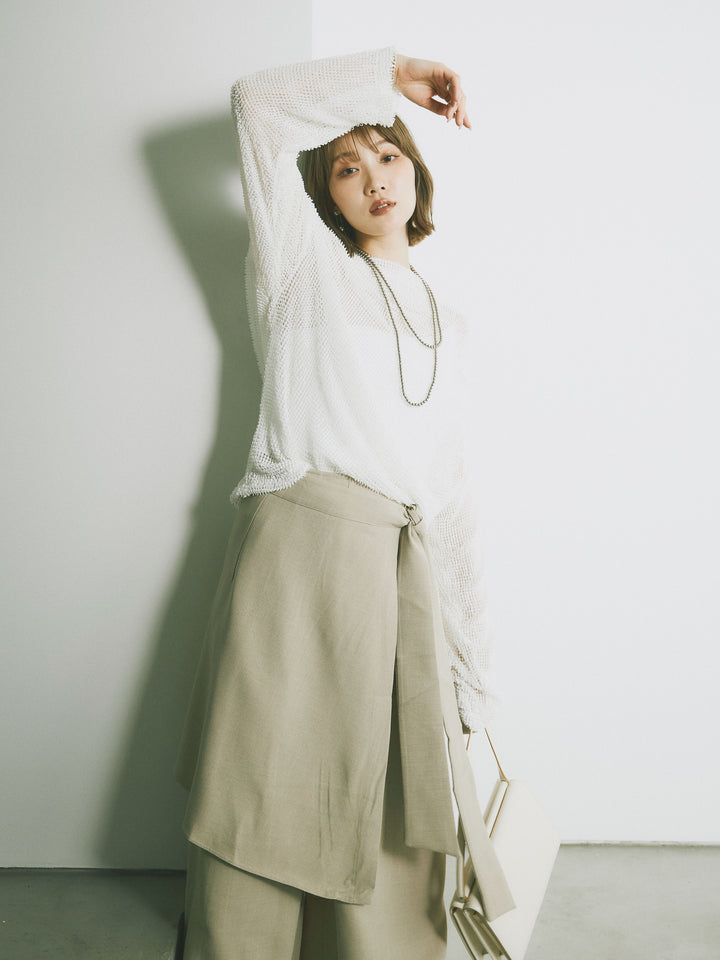 [SET] 後背垂墜網眼套頭衫+亞麻觸感裹身寬褲（2件套）