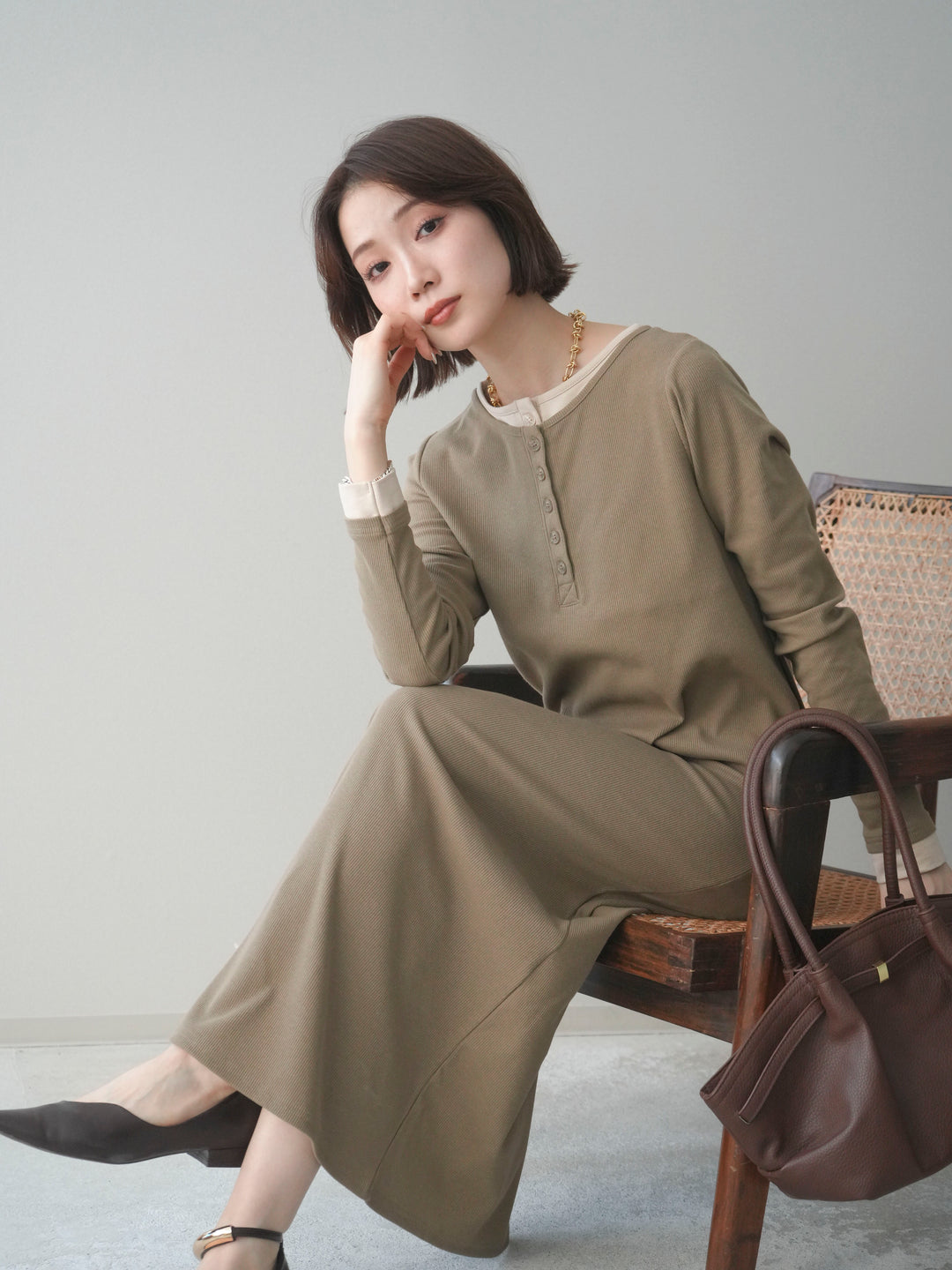 [予約]配色レイヤードヘンリーネックカットリブワンピース/mocha