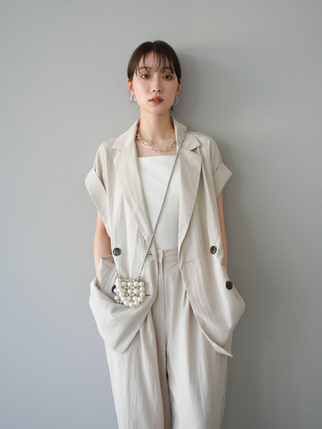 [SET]リネンライクノースリーブダブルジレ+選べるアクセセット(2set)