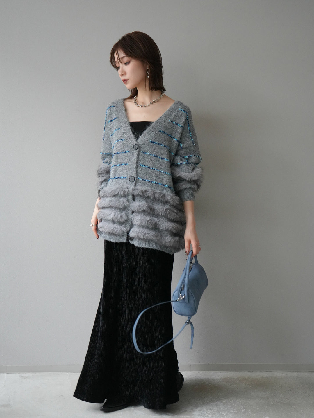 [SET]フェザーライン配色シャギーニットカーディガン+ベロアプリーツナロースカート(2set)