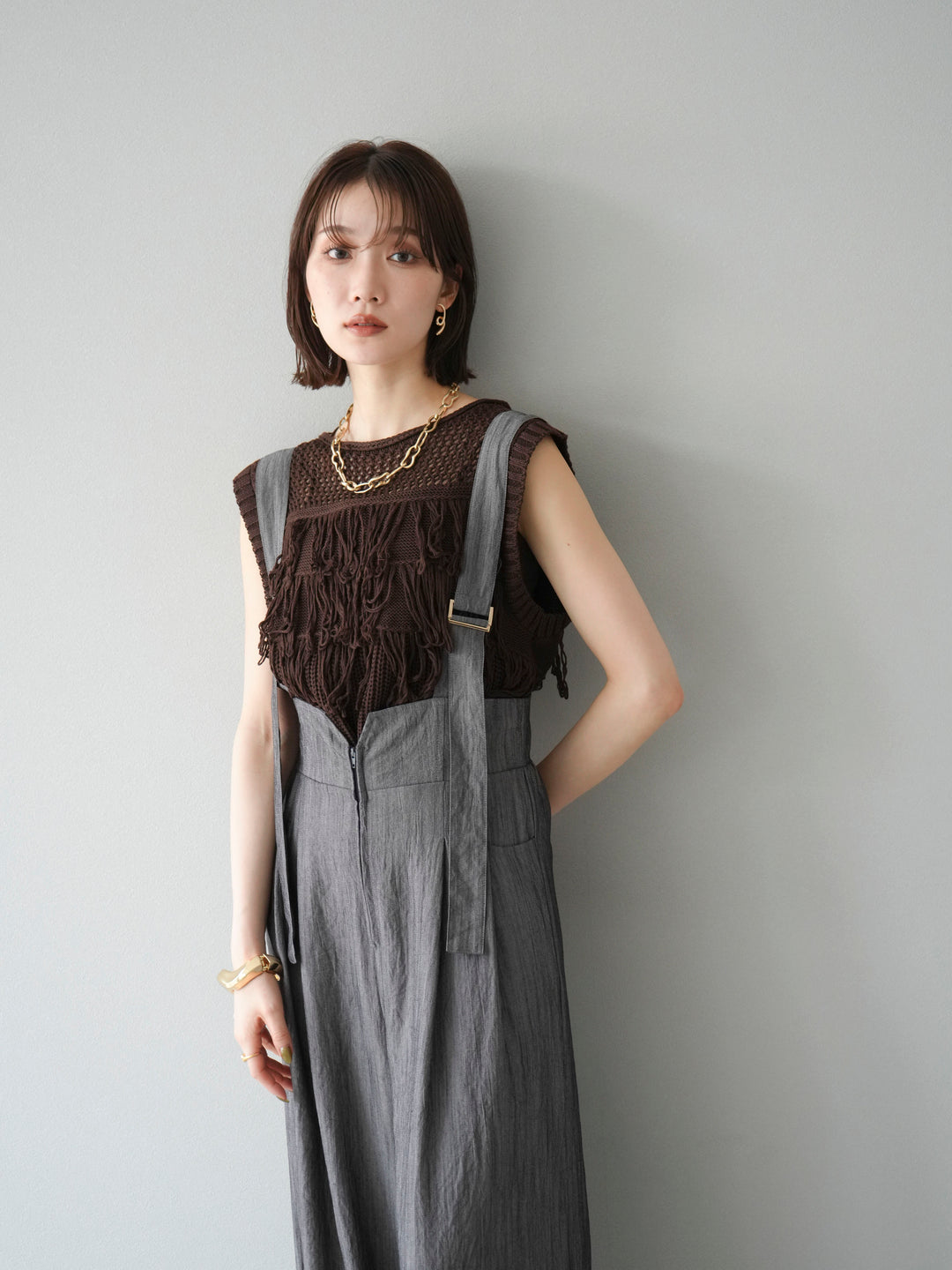 【預購】鏤空流蘇針織上衣/棕色