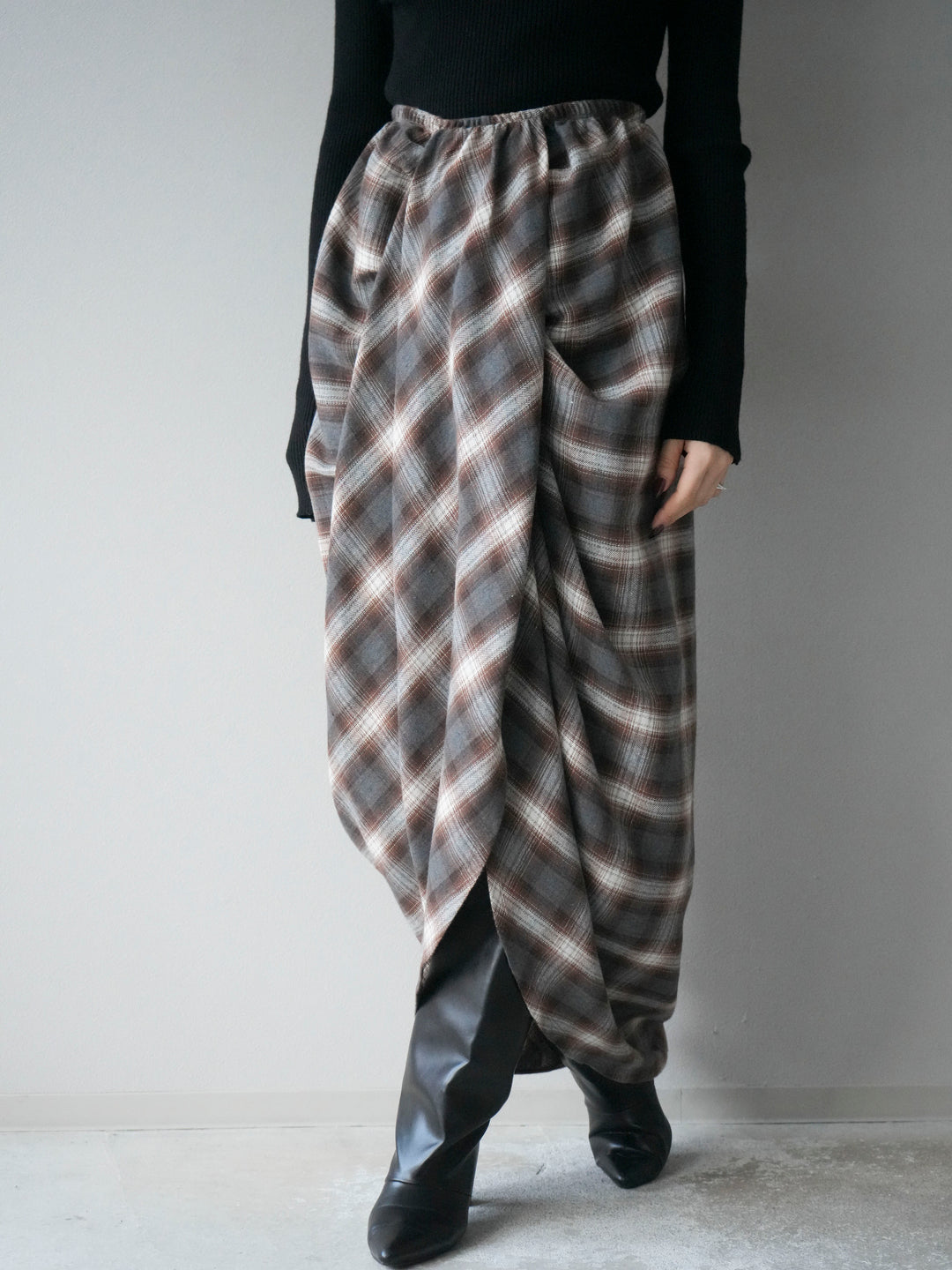 [予約]タックデザインチェックスカート/ブラウン